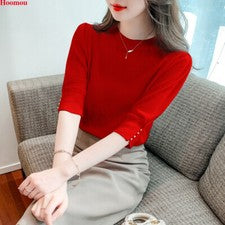 Blusa tipo pulóver informal lisa de verano tejida cuello redondo coreana para mujer