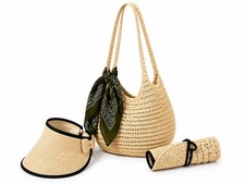 Conjunto de playa de 3 piezas para mujer - Bolso de mano de paja, sombrero parasol y bufanda de moda