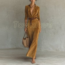 Invierno Mujer Manga Larga Cuello en V Gamuza Vestido Largo Moda Falda Cinturón Vestido