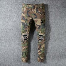 Pantalones de mezclilla ajustados de camuflaje rasgados para hombre estilo militar elásticos deshilachados de motociclis