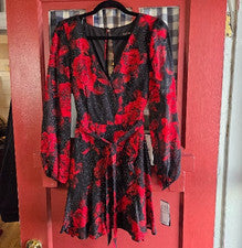 Mini Vestido City Studio Para Mujer Negro Rojo Floral Manga Larga Talla 0 Nuevo Con Etiquetas