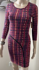 NUEVO CON ETIQUETAS RACHEL ROY Mujer Mini Vestido Rayas BODYCON Grabado Detalle Cremallera Talla XS