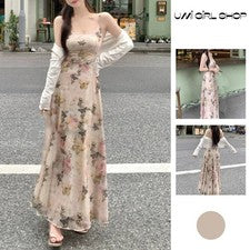 Vestido de verano de mujer de moda con lindos tirantes de espagueti y mariposas