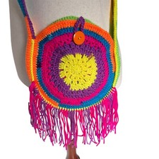 Cartera Crochet Flecos Colores Arco Iris Retro Estilo Hippie 9.5" Correa para el Hombro 48"