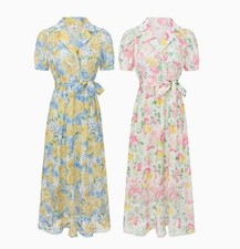 Para mujeres Rosa Amarillo Floral Cuello Hueco Camisa Vestido Cintura Alta Verano Moda