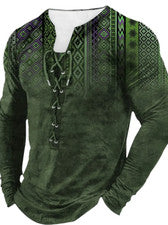 Camiseta Henley Verde Bohemia De Colección Manga Larga Cuello en V Cuerda Moda Hombres Elegante