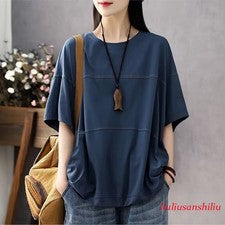 Mujer Moda Verano Retro Cuello Redondo Manga Corta Suelta Camisa Informal Camiseta