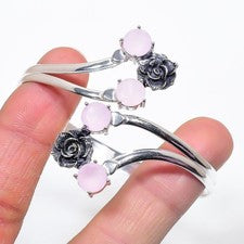 Brazalete ajustable de plata de ley 925 hecho a mano con piedras preciosas de cuarzo rosa