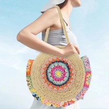 Bolso de hombro grande redondo tejido de paja para mujer Bolso de mano Bolso de playa