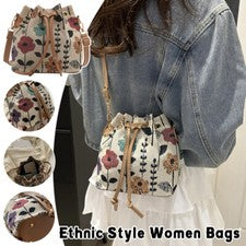 Bolsos para mujer estilo étnico vintage bandolera bolso cubo bolso de mano bolso con cordón