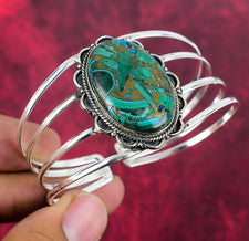 Brazalete ajustable de plata maciza 925 con piedras preciosas de malaquita de cobre hecho a mano