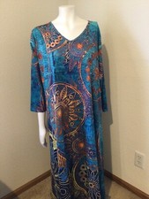 Nuevo Hermoso Vestido Para Mujer Cuello en V Manga 3/4 Azul/Naranja Mezcla de Algodón Talla M