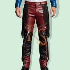 Hombres Western Dos Tonos Hard Rock Cuero Pantalones Estilo Motociclista Pantalones Piel de Cordero
