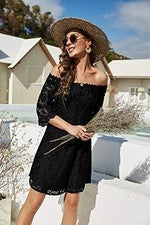 Mini Vestido Suelto de Encaje Descubierto Informal Para Mujer OURS Pequeño