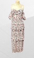 OPT Mujer Talla Pequeña Maxi Vestido Marfil Floral Niveles Hombro Descubierto Puff Crepé