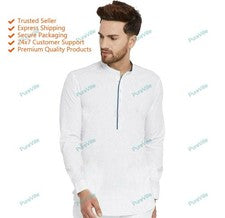 Ropa India Moda Camisa Tradicional Hombre Corto Kurta Algodón Color Blanco