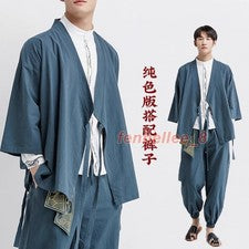 2 piezas Trajes Para hombres Algodón Lino Chaqueta Tang Abrigo Hanfu Verano Retro Pantalones Batas Talla