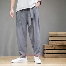 Hombres Cintura Elástica Algodón Lino Pantalones Informales Harén Pantalones Sueltos Pantalones de Sudadera Pantalones