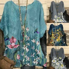 Mujeres Moda Cuello en O Manga Corta Vintage Estampado Floral Top Camisetas Blusa Prendas para el torso