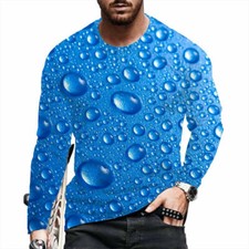 Camiseta Hombre 3D Azul Gotas De Agua Imprimir Manga Larga Moda Casual Novedad