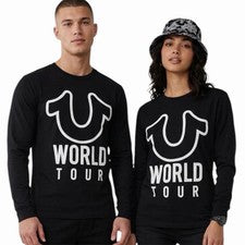$79 TRUE RELIGION Negro Blanco WORLD TOUR Manga Larga Diseñador Gráfico Camiseta