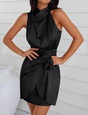 ZESICA Mujer 2025 Moda Satén Sin Mangas Halter Cuello Corbata Cintura Envoltura Bodycon