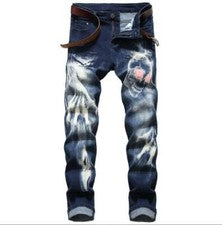 Pantalones de mezclilla informales de pierna recta con estampado de calaveras punk ajustados de moda para hombre