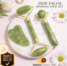 Juego de 3 rodillos de jade y Gua Sha - Herramienta de guasha para rostro - Juego de regalo para el cuidado de la piel