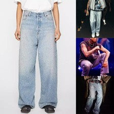 Pantalones de mezclilla holgados de moda para hombre con patrones completos de estrás estilo urbano