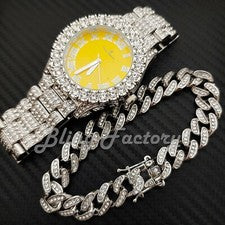RELOJ HIP HOP PLATA PT LUJO ESFERA AMARILLA Y JUEGO DE PULSERA CON BLOQUEO DE CAJA CUBANA HELADA