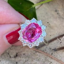 Anillo de compromiso de diamantes con zafiro rosa natural de 6,80 quilates de oro blanco real de 14 quilates talla 7