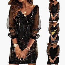 Minivestido de mujer cuello en V lentejuelas red transparente manga larga estilo