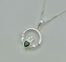 Collar Colgante Claddagh Irlandés Esmeralda Plata de Ley 925 18" 20" 22" 24"