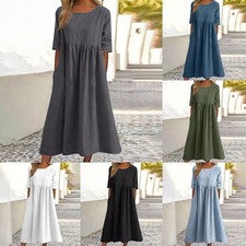 Vestido holgado cuello redondo algodón lino manga corta plisado para mujer