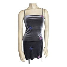 Vestido Zaful Mariposa Sin Mangas Para Mujer XS S Gris Satinado Y2K Fairycore Mini Vestido