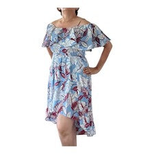 Vestido midi L'atiste By Amy para mujer tropical hawaiano con hombros descubiertos alto bajo talla S