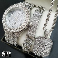 RELOJ PT HELADO HIP HOP PLATA PARA HOMBRES Y CONJUNTO COMBINADO COMPLETO DE COLLAR Y PULSERA HELADOS