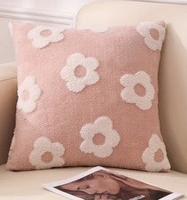 Funda Cojín Felpa Rosa Patrón Flor Blanca 45x45cm Suave Primavera Decoración Hogar