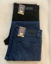 2 pares de jeans kenneth cole negros lavados y azules calce recto elásticos 32W 34L