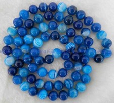 Collar de perlas redondas de ónix ágata rayas azules naturales originales de 8 mm