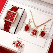 Juego de joyas de 5 piezas cuadrado estrás reloj de cuarzo cara roja y collar pendientes anillo
