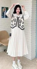 Mujer Moda Tejido Chaleco Dulce Plisado Mangas Largas Midi Vestido Traje 2 un.