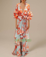 Vestido largo para mujer estampado floral de chifón cuello en V profundo irregular de moda damas