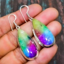 Pendiente de joyería de plata esterlina 925 hecho a mano con piedras preciosas de cuarzo solar arco iris para mujer