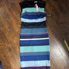 Vestido para mujer New York & Company S elástico negro azul rosa a rayas sin mangas