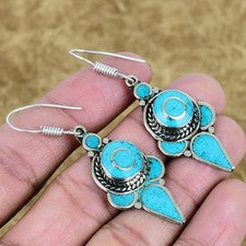 Pendiente Turquesa Plata de Ley 925 Hecho a Mano Bohemia Tibetana Joyería SC 5223