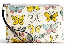 Muñequera de lona Coach con cremallera en esquina CAQ55 tiza con colorido boceto de MARIPOSA NUEVA CON ETIQUETAS
