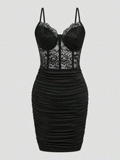 Minivestido para mujer elegante y sexy de encaje con volantes camisola