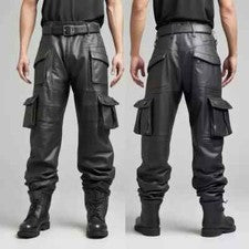 Pantalón Estilo Carga Motociclista Carga Hombres Cuero de Cordero Genuino Hecho a Mano Pantalón Negro