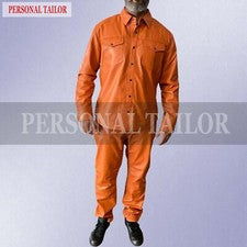 Pantalón y camisa de cuero naranja genuino de piel de cordero para hombre estilo bolsillo vestido causal